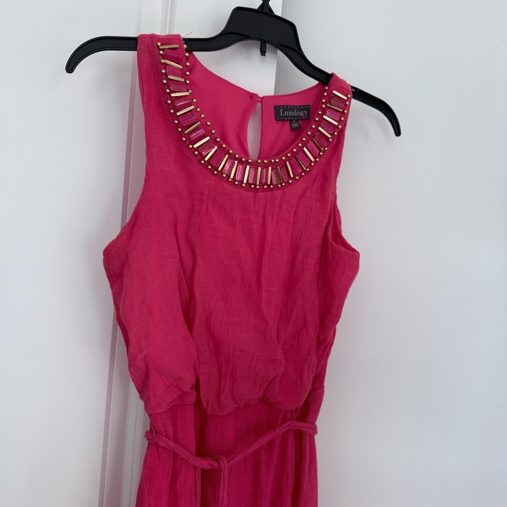 Luxology Beaded Maxi Dress Coral Pink Sleeveless Belted Empire Waist Size S - Picture 2 of 13